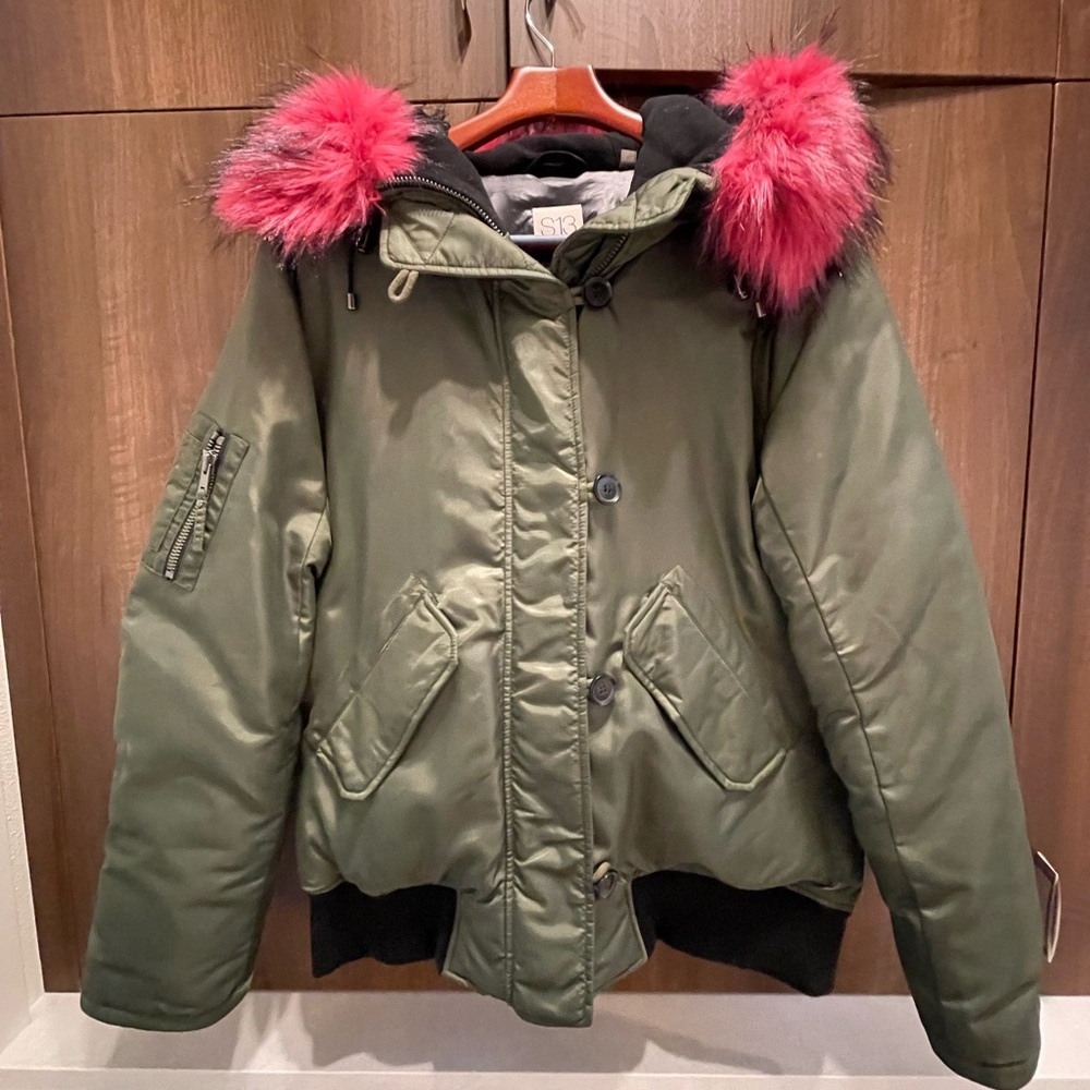 Army Green Satin Jacket with Pink Faux Fur Hood